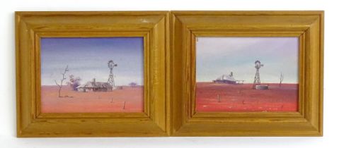20th century, Oils on board, Two landscape scenes depicting Australian outback desert buildings with