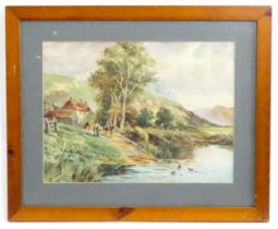 A. A. Glendening, Watercolour, A river landscape with a farming family by a cottage. Signed with