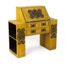An early / mid 20thC Teak bureau accompanied by a stool, with carved oriental scenes to the front,