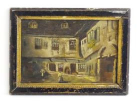 19th century, Continental School, Oil on board, A naive street scene with two figures. Approx. 7 3/