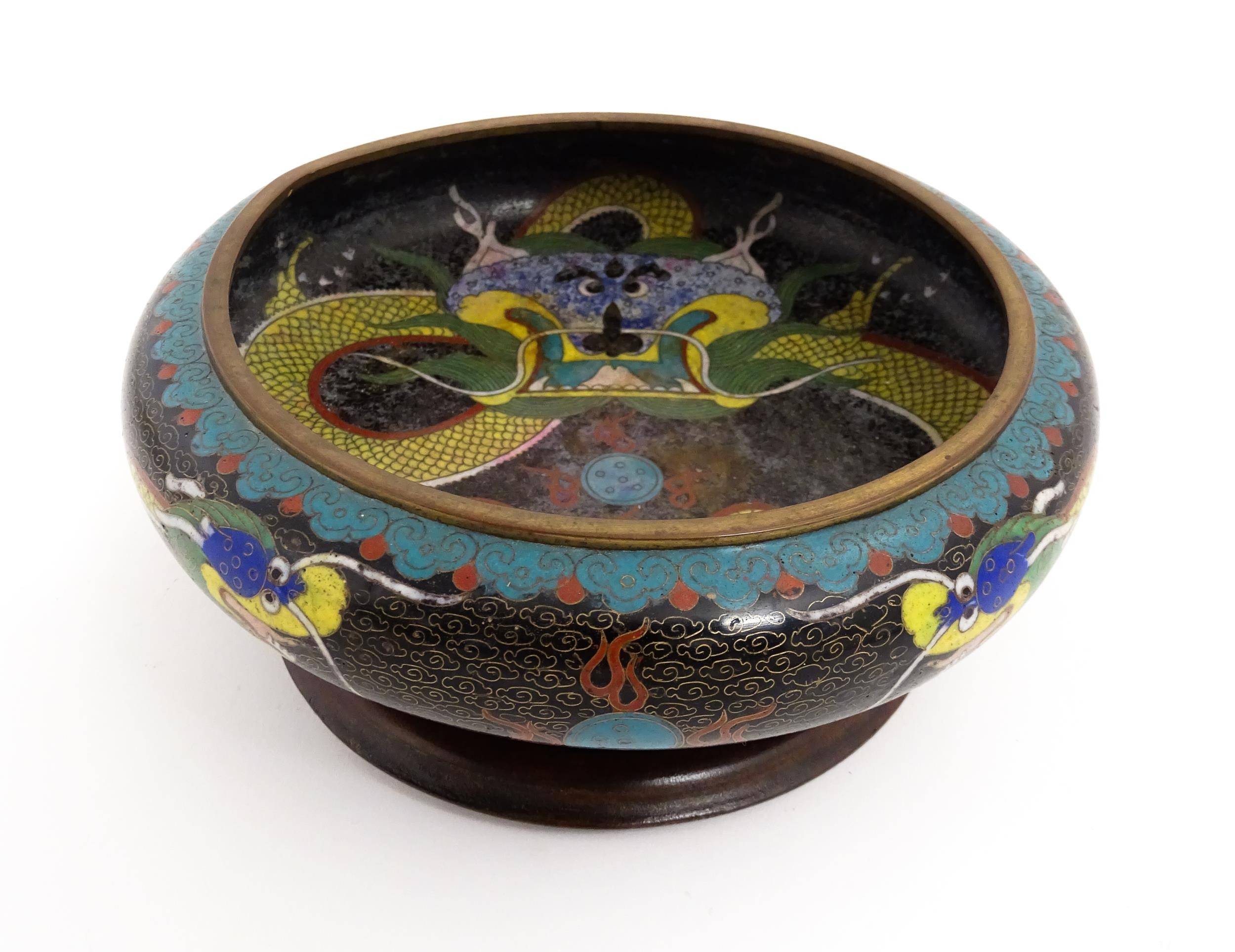 A Chinese cloisonne dish the black ground with dragon and flaming pearl decoration. Character - Image 11 of 11