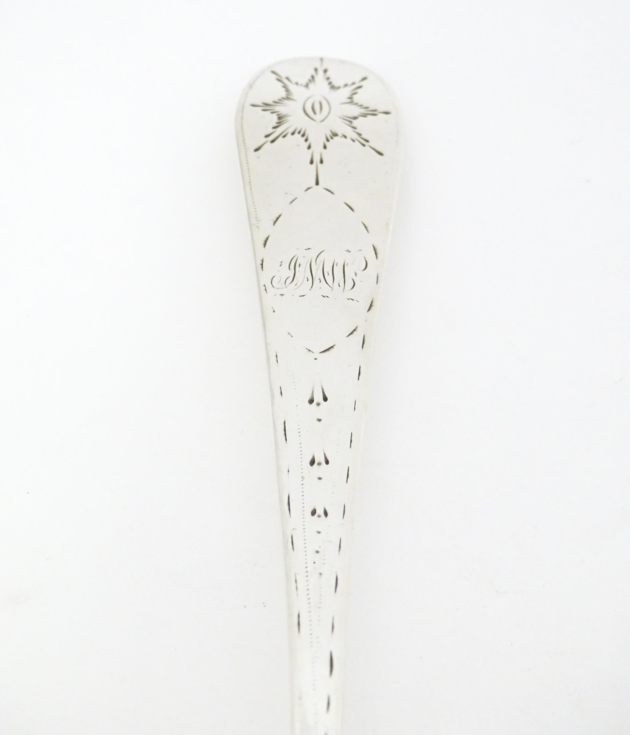 An early 19thC provincial Irish silver table spoon with bright cut decoration, maker Carden - Image 3 of 9