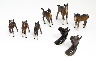 A quantity of Beswick brown horses / foals model no. 763 etc. Together with two Beswick Arab head