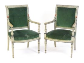 A pair of mid / late 19thC open armchairs, with painted neo classical motifs, shell decoration and