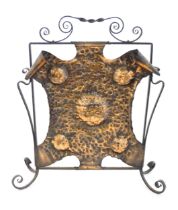 An Art Nouveau wrought iron and embossed copper fire screen, approx 22" wide, 26 3/4" tall Please