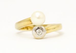 An 18ct gold ring set with diamond and pearl Ring size approx. L 1/2 Please Note - we do not make