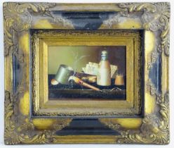Late 20th century, Continental School, A still life study of a pipe, vesta, matches, beer bottle,