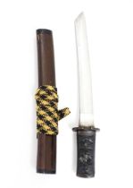 A Japanese tanto short sword / dagger, with gilt floral detail to the tsuba and a buffalo menuki.