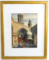 19th century, Orientalist School, Watercolour, A mosque courtyard with figures praying by a