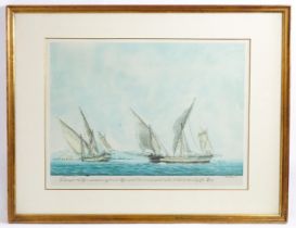 20th century, Greek School, Lithograph, Sailing ships at sea with a view of the Castle of Bougazi.
