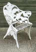 A Victorian cast iron chair with fern decoration. Marked with Victorian registration diamond and No.