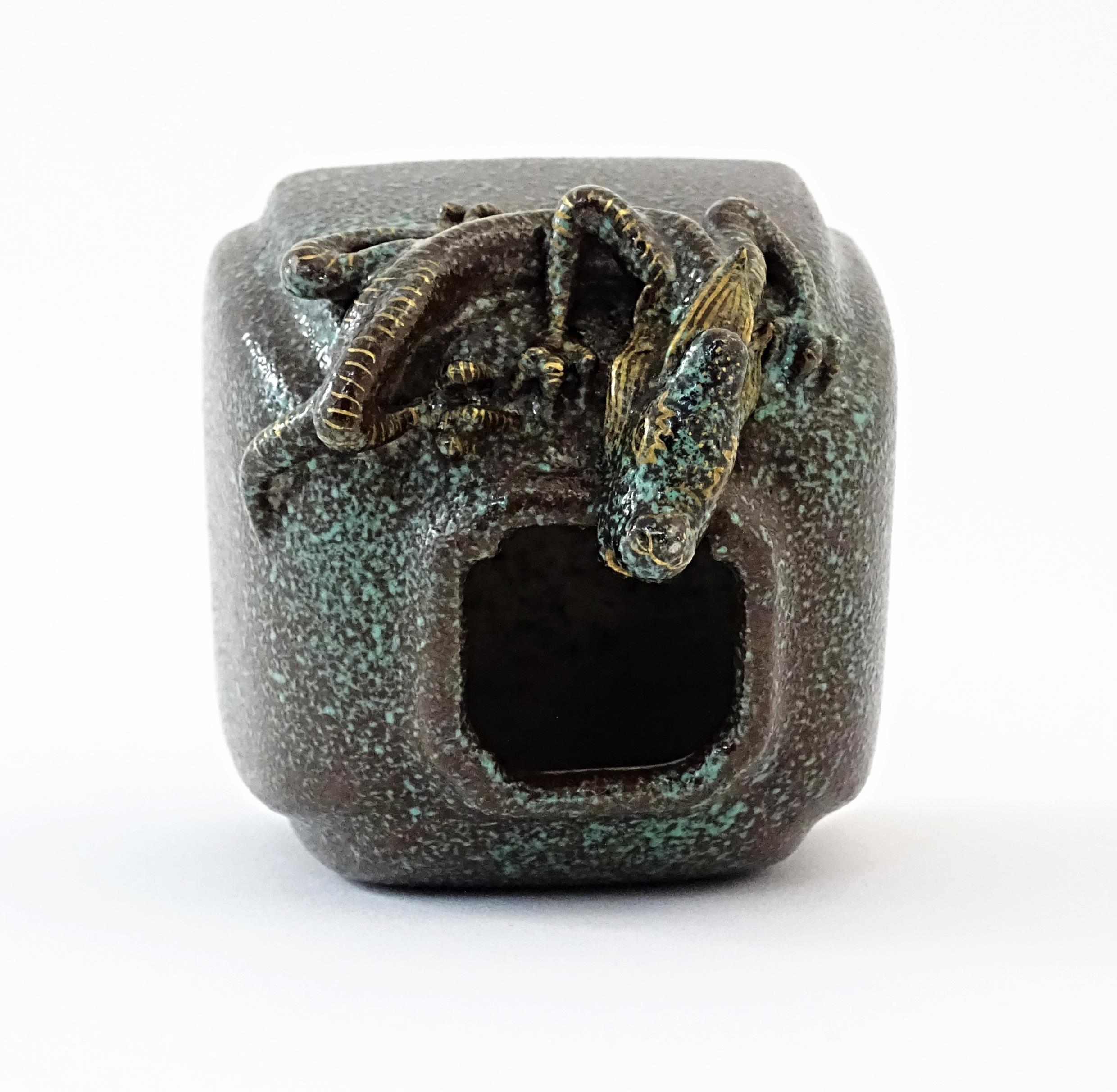 A small Chinese brush washer pot with mottled green glaze and relief dragon decoration. Character - Image 7 of 9