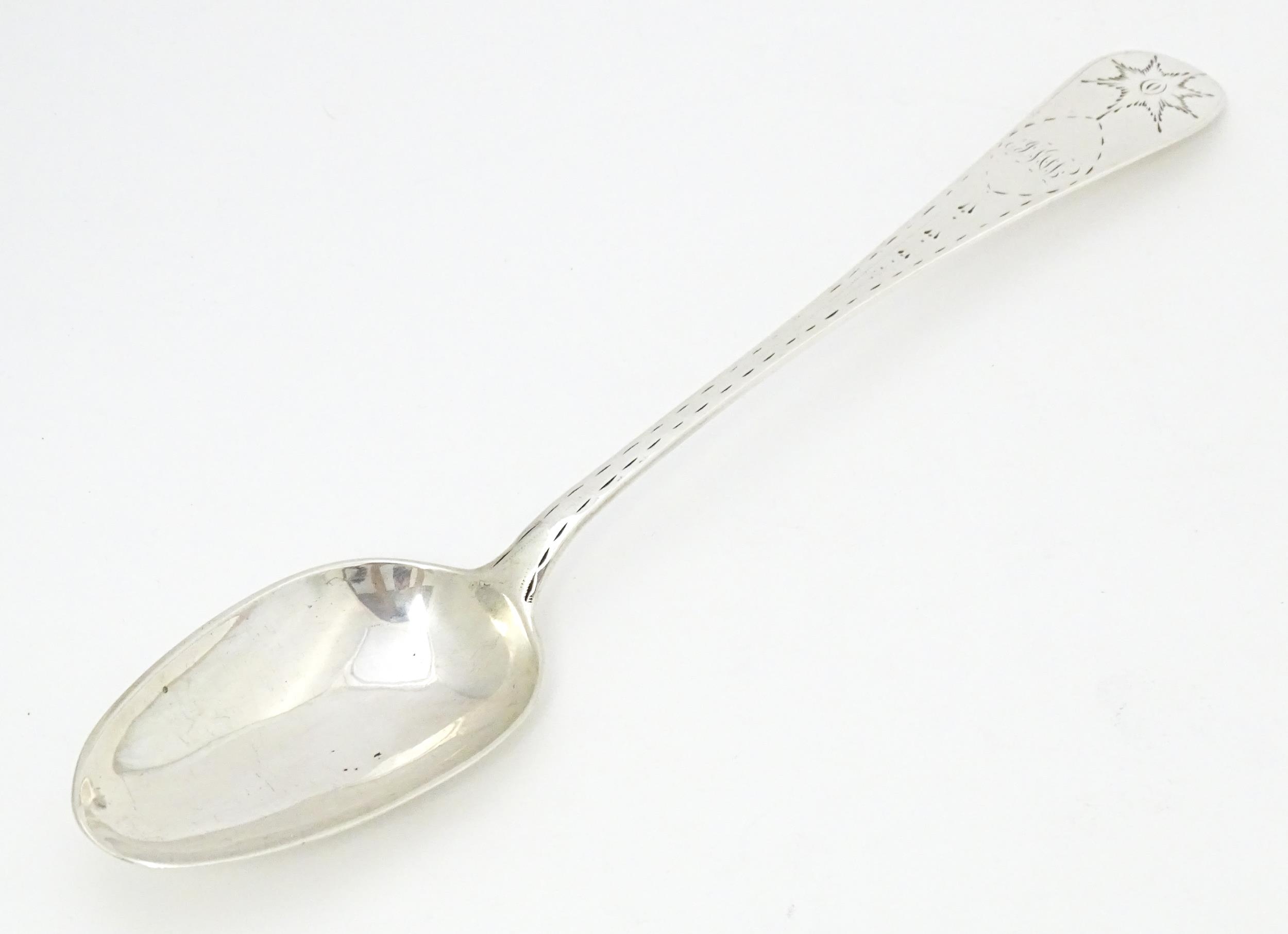 An early 19thC provincial Irish silver table spoon with bright cut decoration, maker Carden - Image 2 of 9