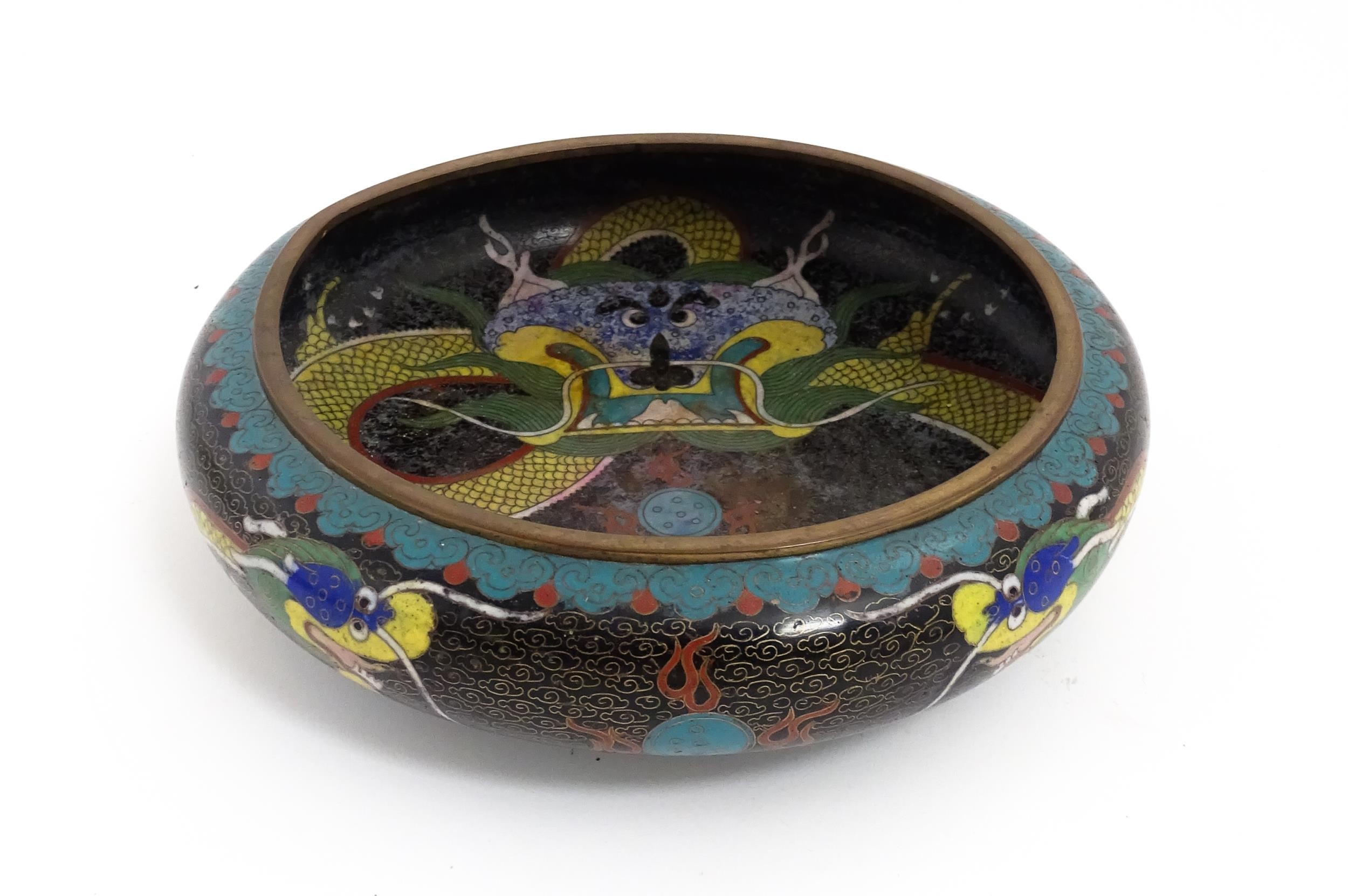 A Chinese cloisonne dish the black ground with dragon and flaming pearl decoration. Character - Image 9 of 11