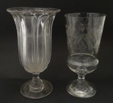 Two Victorian pedestal glass vases / celery vases, one with flared rim, the other with etched