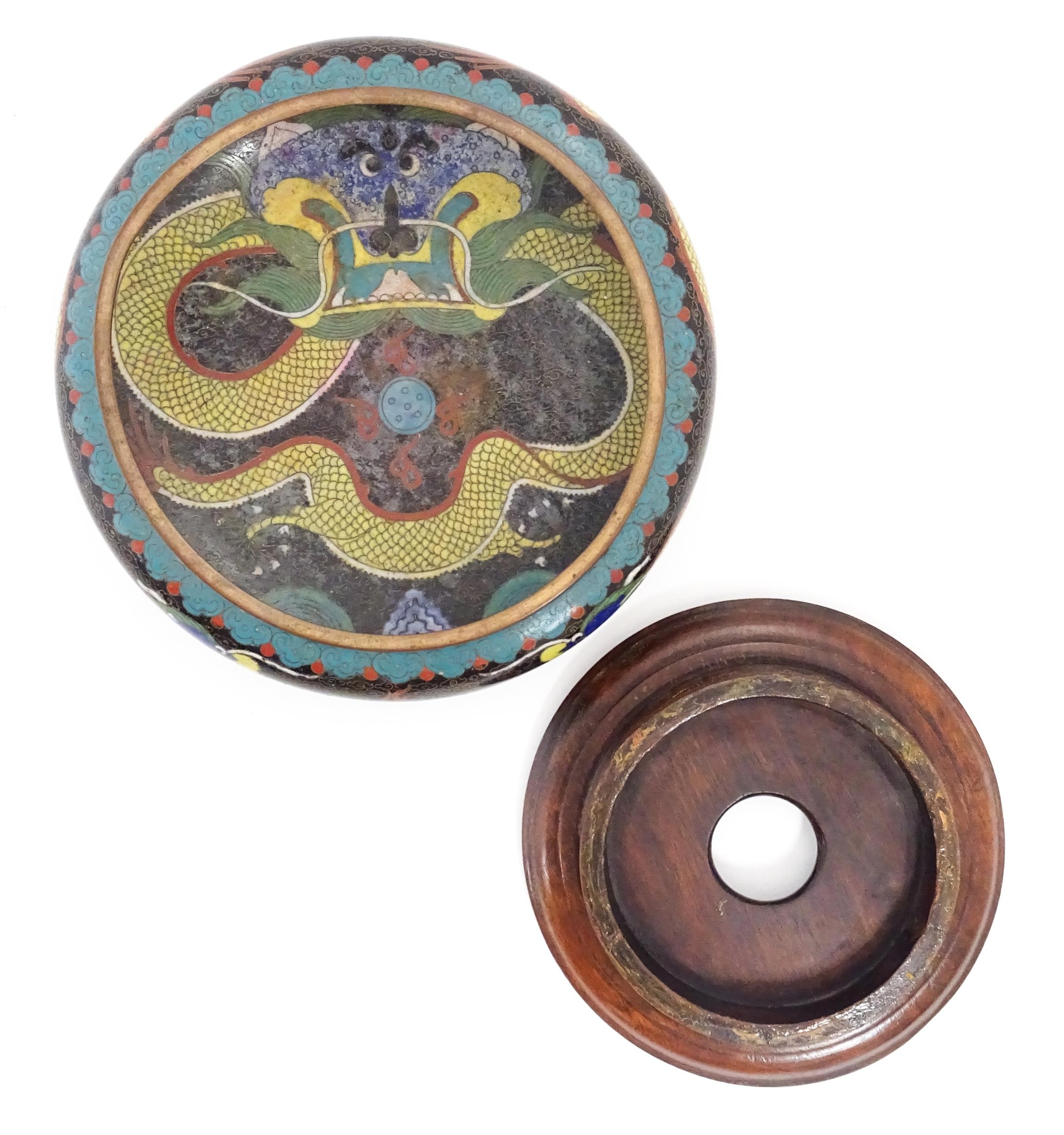 A Chinese cloisonne dish the black ground with dragon and flaming pearl decoration. Character - Image 7 of 11