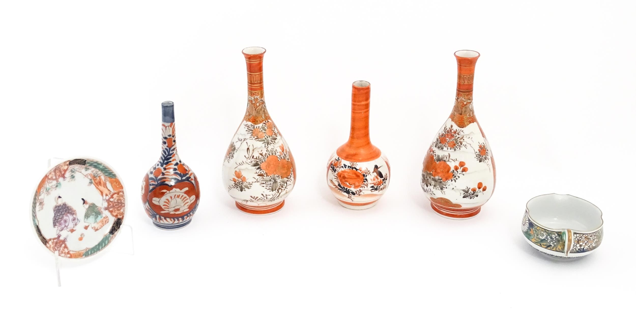 A quantity of Oriental items to include Japanese Kutani bottle vases, an Imari vase, a small milk - Image 5 of 11