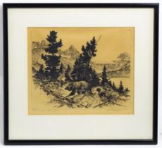 Reinhold H. Palenske, (1884-1954), Etching, A mountain scene with bears. Signed with dedication in