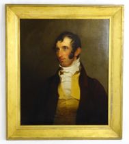 19th century, Oil on canvas, A portrait of a seated gentleman with blue eyes and yellow waistcoat.