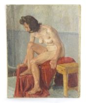 20th century, Oil on canvas laid on board, A female nude on a bench with red drapery. Possibly