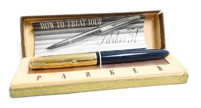 A boxed Parker 51 fountain pen with 14ct rolled gold cap, Vacumatic filling
