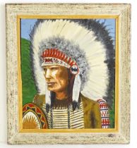 M. Ward, 20th century, Oil on board, A Native American portrait with feather headdress. Signed lower