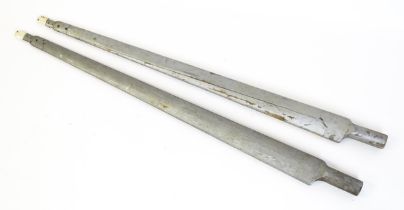 Militaria : a pair of wooden mid 20thC aeroplane aerial antennae, each with silver painted canvas