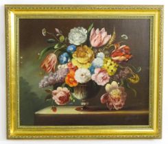20th century, Continental School, Oil on canvas, A still life study with flowers in bloom in a glass