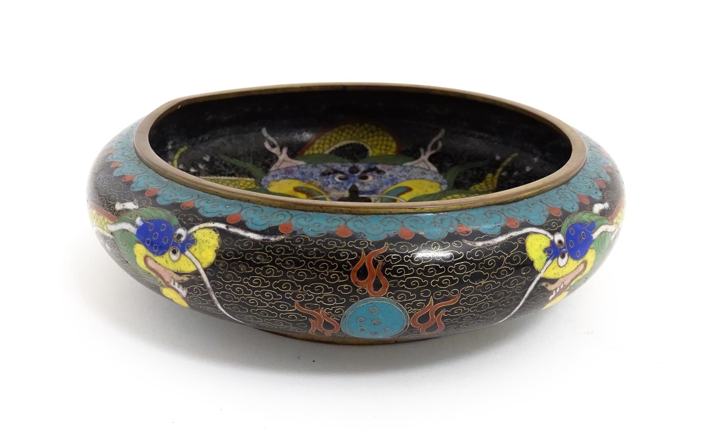 A Chinese cloisonne dish the black ground with dragon and flaming pearl decoration. Character - Image 10 of 11