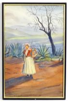 Isabel Violet Banks, Early 20th century, Watercolour, A girl carrying water in a Spanish landscape