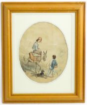 19th century, Italian / Neapolitan School, Watercolour, Children with a donkey and dog in a