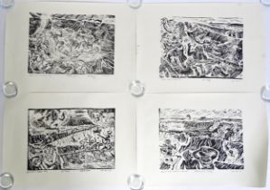 A. Ballingan? 20th century, Four signed proof linocuts, comprising Bathers in Rough Sea, Dancers