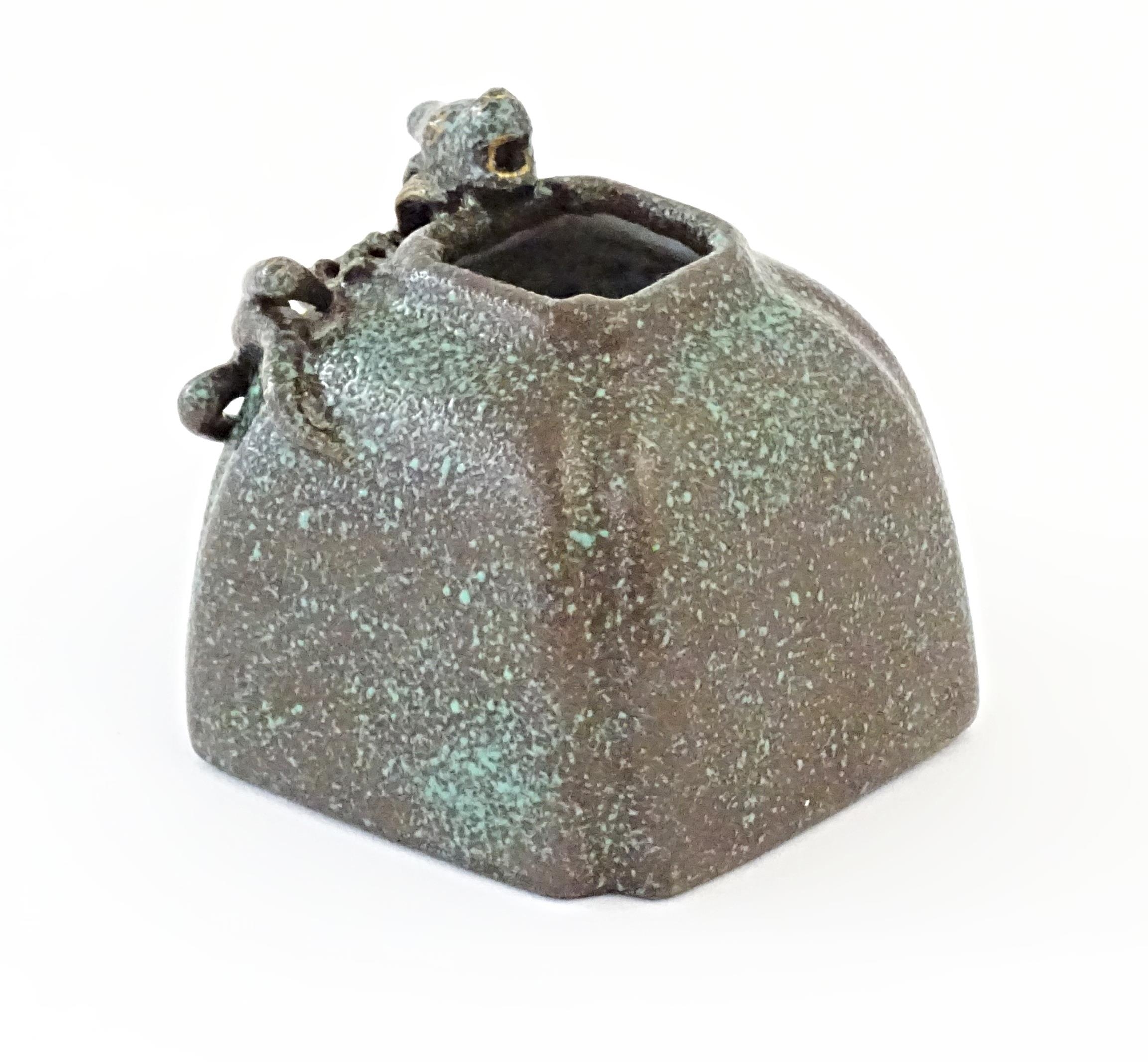 A small Chinese brush washer pot with mottled green glaze and relief dragon decoration. Character - Image 5 of 9