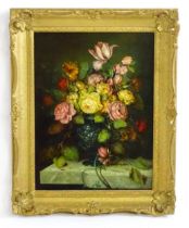 Josef Furst, 20th century, Oil on board, A still life study of flowers in bloom on a marble ledge.