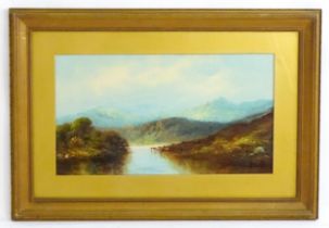 20th century, Oil on board, A Highland loch landscape with cattle watering. Approx. 9 3/4" x 17 3/4"