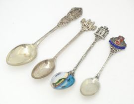 Four various souvenir / commemorative spoons to include a .800 silver example with enamelled image