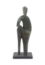 A 20thC cast bronze sculpture depicting a stylised standing figure. In the manner of JD Hansen.