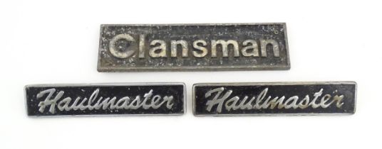 Three mid 20thC marque plates from classic vehicles, comprising a cast aluminium Clansman (Albion)