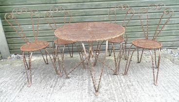 Mid 20thC wrought iron bistro / garden / patio furniture, comprising four chairs and circular