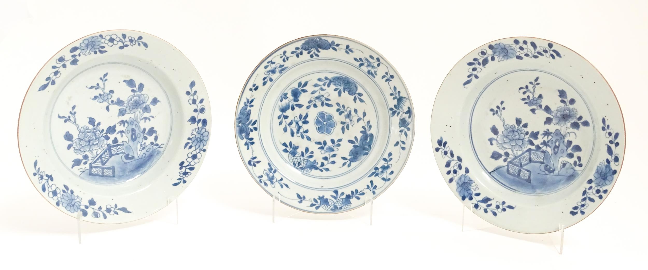 Three Chinese blue and white plates / dishes, two decorated with peony flowers, the other - Image 2 of 3