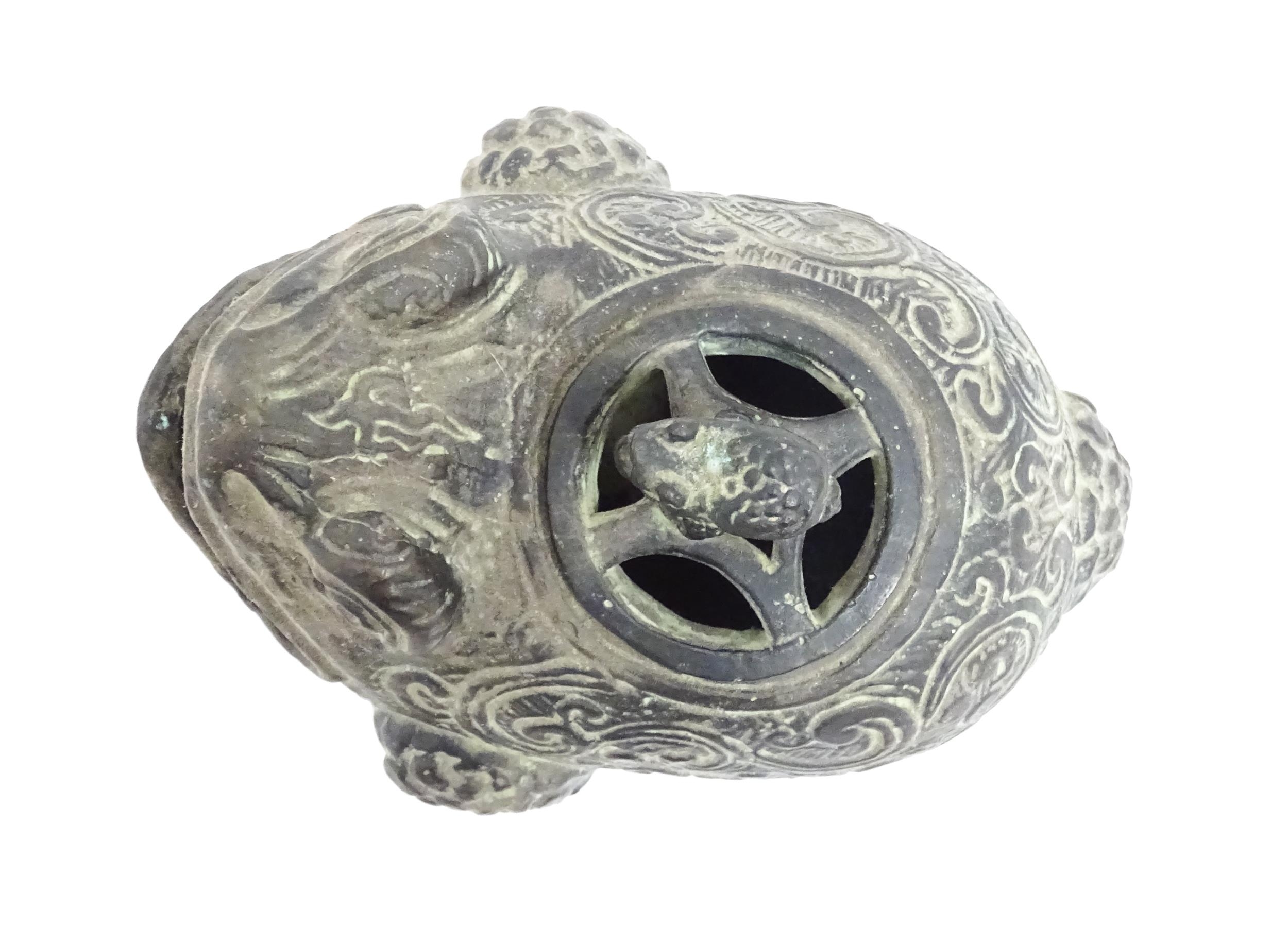A Chinese cast censer modelled as a three legged toad with scrolling decoration, the pierced lid - Image 7 of 8