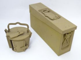 Militaria : Two ordnance containers, comprising an M53/MG42 pattern machine gun magazine drum,