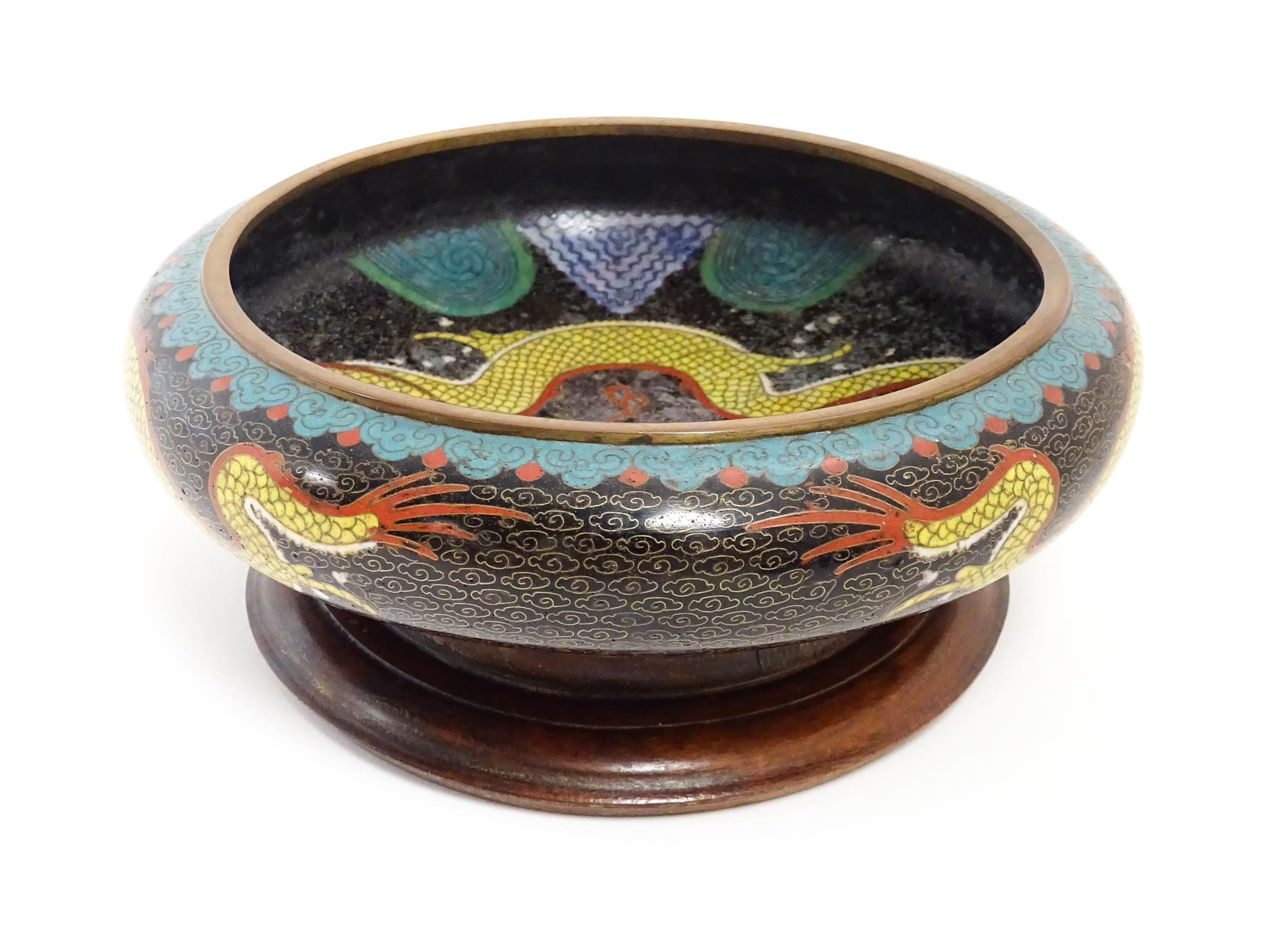 A Chinese cloisonne dish the black ground with dragon and flaming pearl decoration. Character - Image 5 of 11
