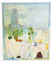 Aurora B, 21st century, Oil on canvas, Untitled, Plants and jugs on a windowsill with city skyrise