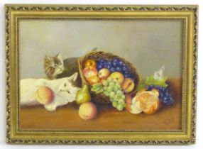 20th century, Continental School, Oil on canvas, A still life study with two kittens and a basket of