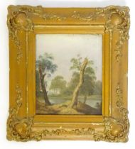 20th century, Oil on board, A view of trees and a pond at Clapham Common. Ascribed verso Clapham