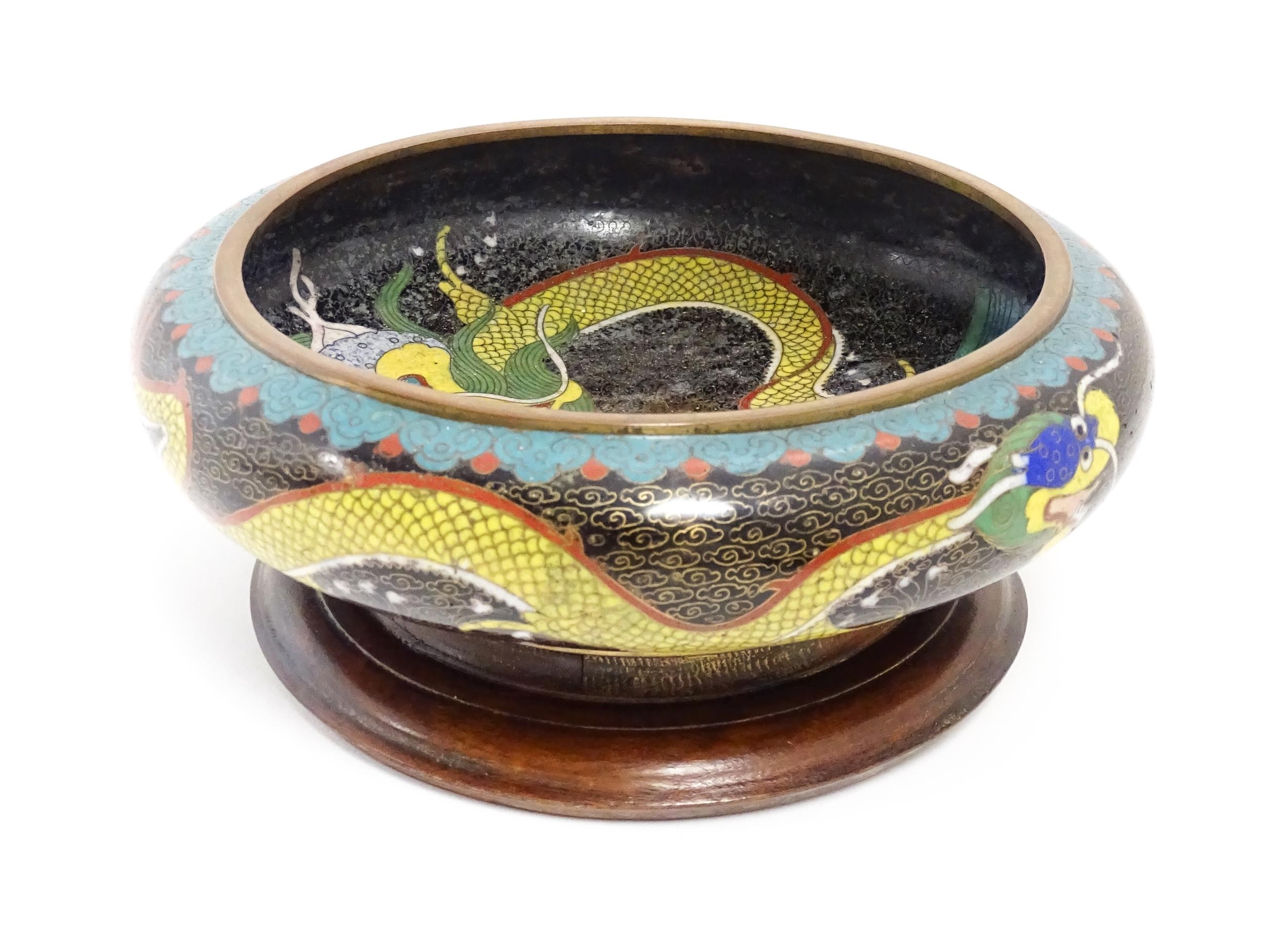 A Chinese cloisonne dish the black ground with dragon and flaming pearl decoration. Character - Image 6 of 11