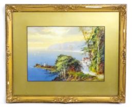 M. E. Cole, 20th century, Watercolour and gouache, A coastal scene with village below. Signed