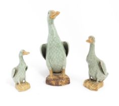 Three Chinese graduated celadon ducks. Largest approx. 8 1/4" high (3) Please Note - we do not