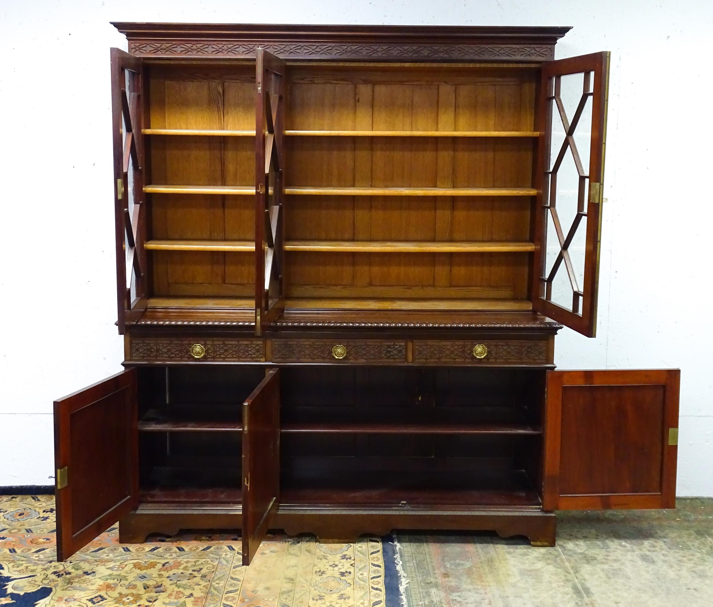 A late 19thC mahogany glazed bookcase by S & H Jewell, Queen Street, London. The cornice with - Image 9 of 9
